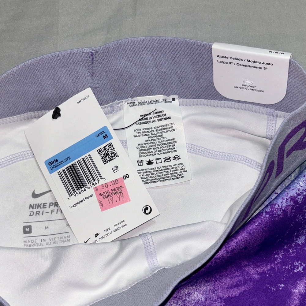 Nike Pro Girls Purple and White Athletic Shorts - Picture 2 of 3